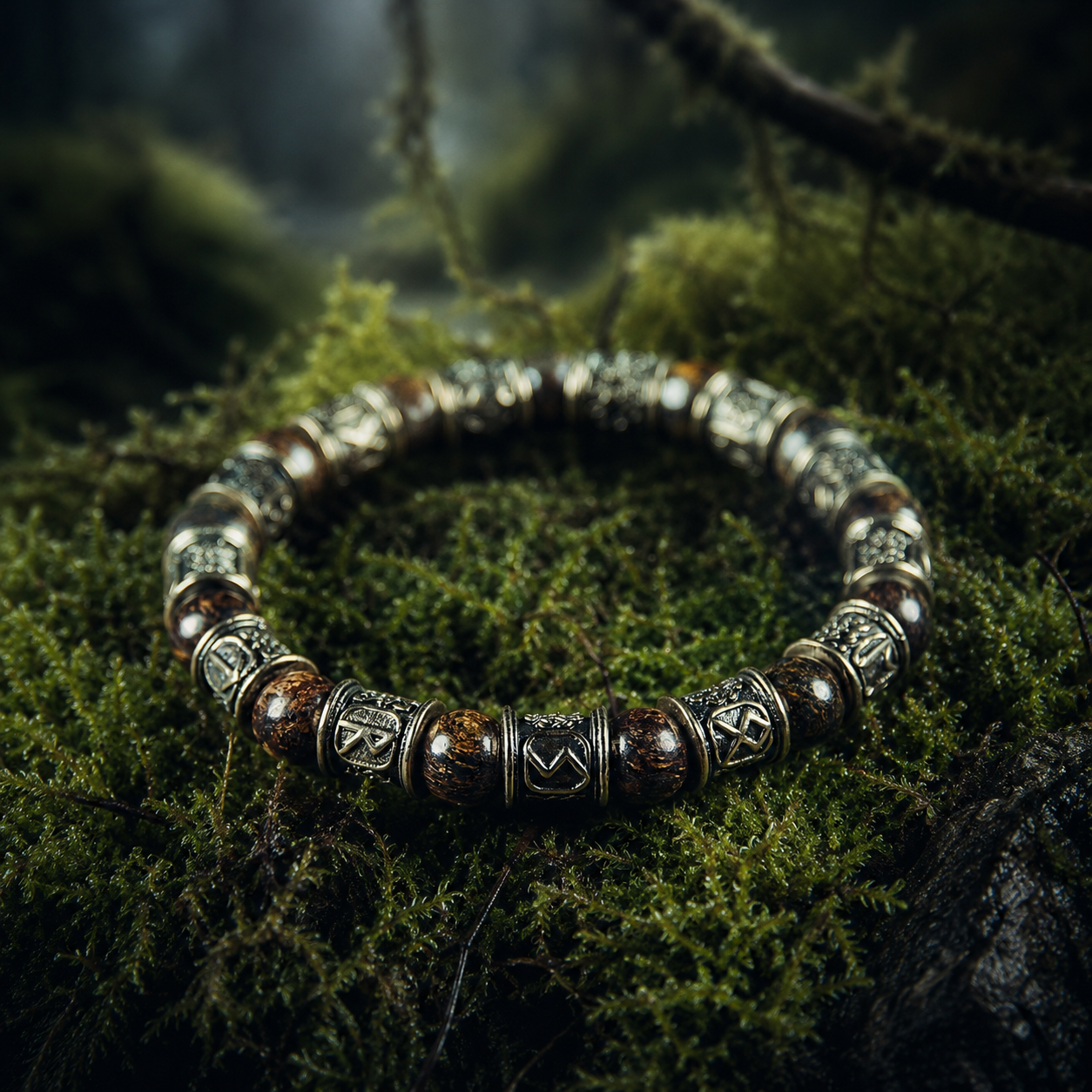 Bronzite Bracelet with 12 Rune Beads