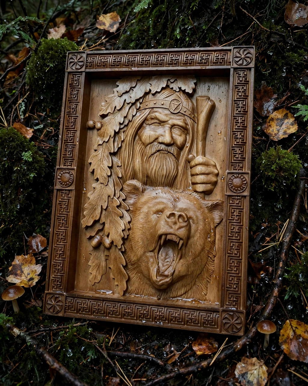 Veles with Bear Wooden Wall Panel — Hand-Carved Wood Art