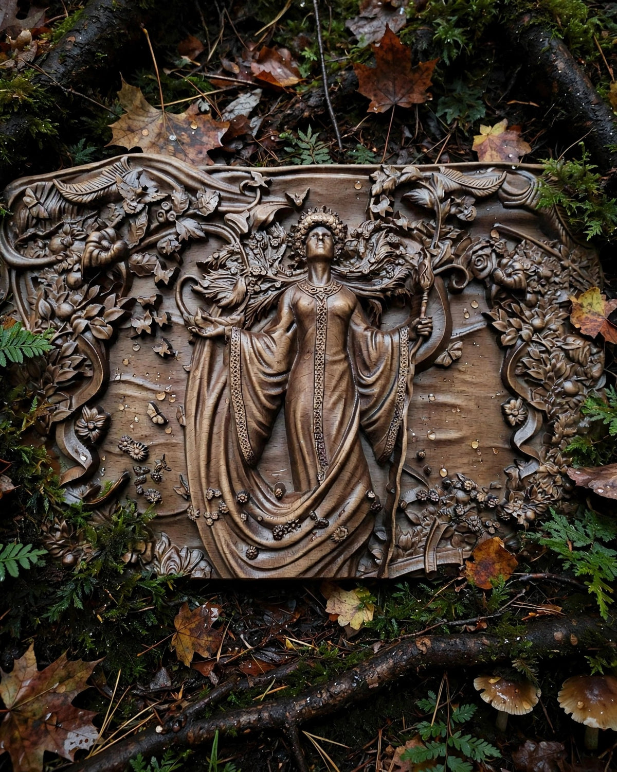 Slavic Goddess Zhiva Wooden Wall Panel — Hand-Carved Wood Art