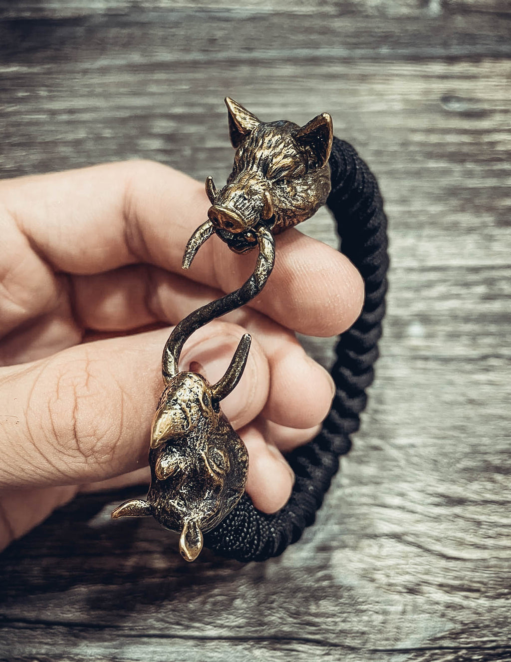 Rhino and Boar Bracelet, Paracord and Bronze