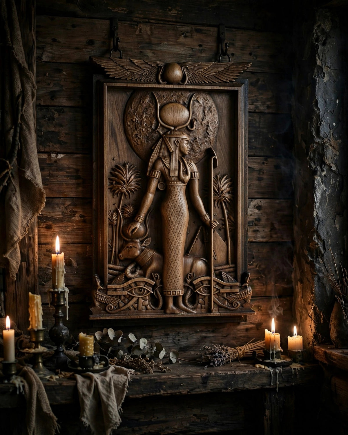 Egyptian Goddess Hathor Wooden Wall Panel — Hand-Carved Wood Art