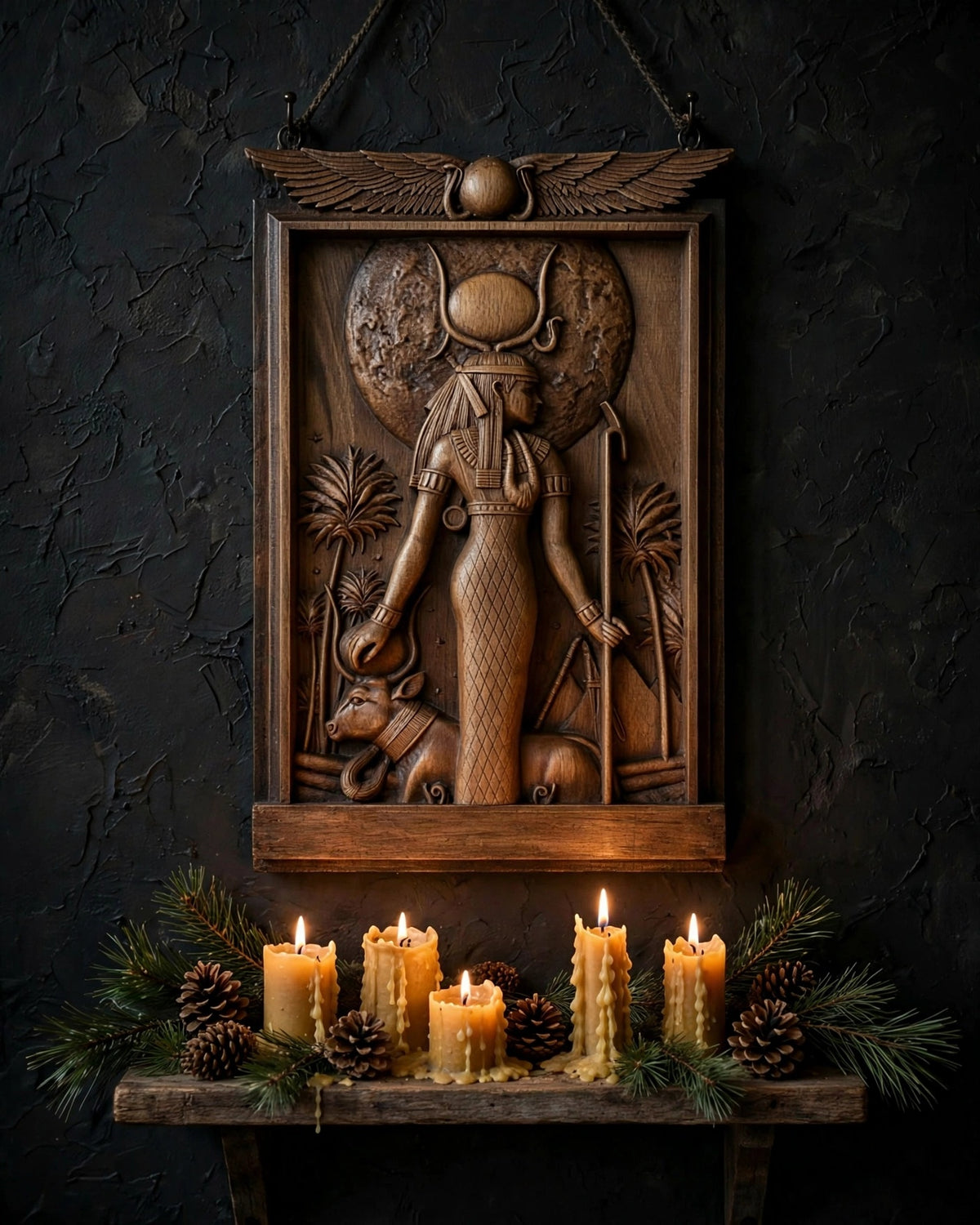 Egyptian Goddess Hathor Wooden Wall Panel — Hand-Carved Wood Art
