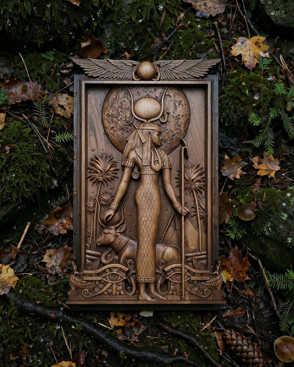 Egyptian Goddess Hathor Wooden Wall Panel — Hand-Carved Wood Art