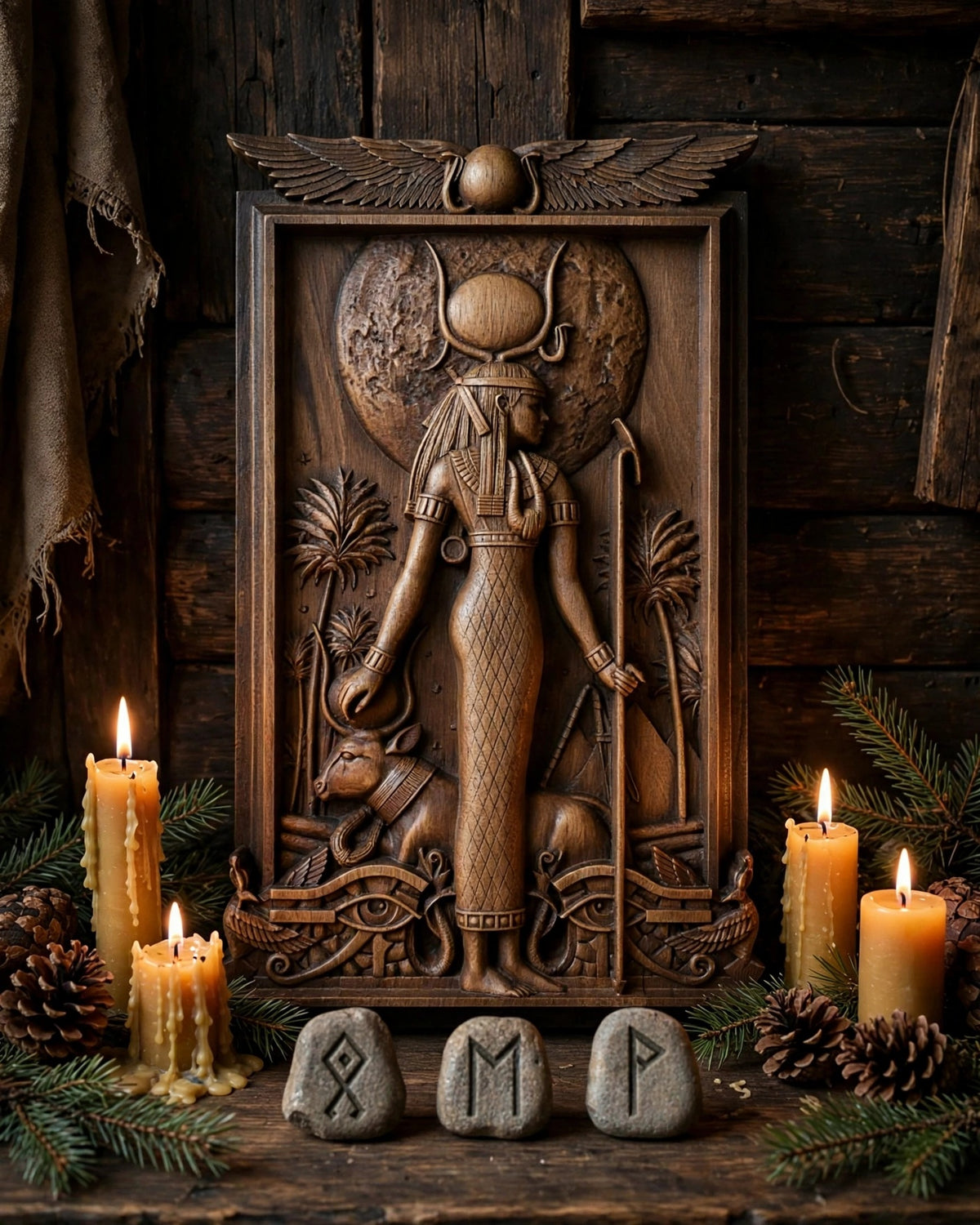 Egyptian Goddess Hathor Wooden Wall Panel — Hand-Carved Wood Art