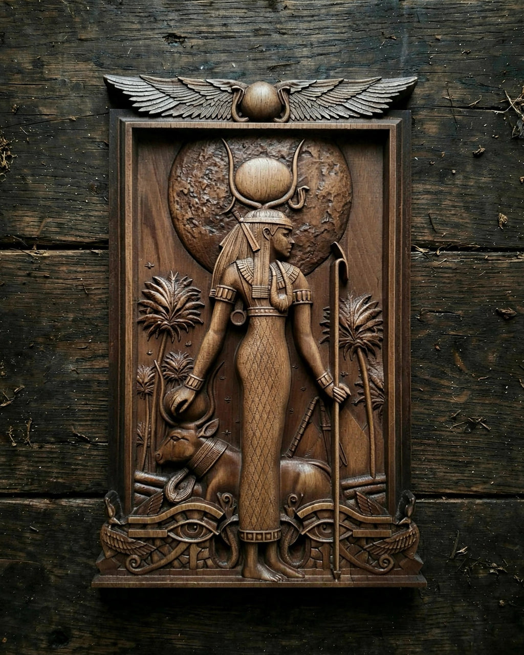 Egyptian Goddess Hathor Wooden Wall Panel — Hand-Carved Wood Art