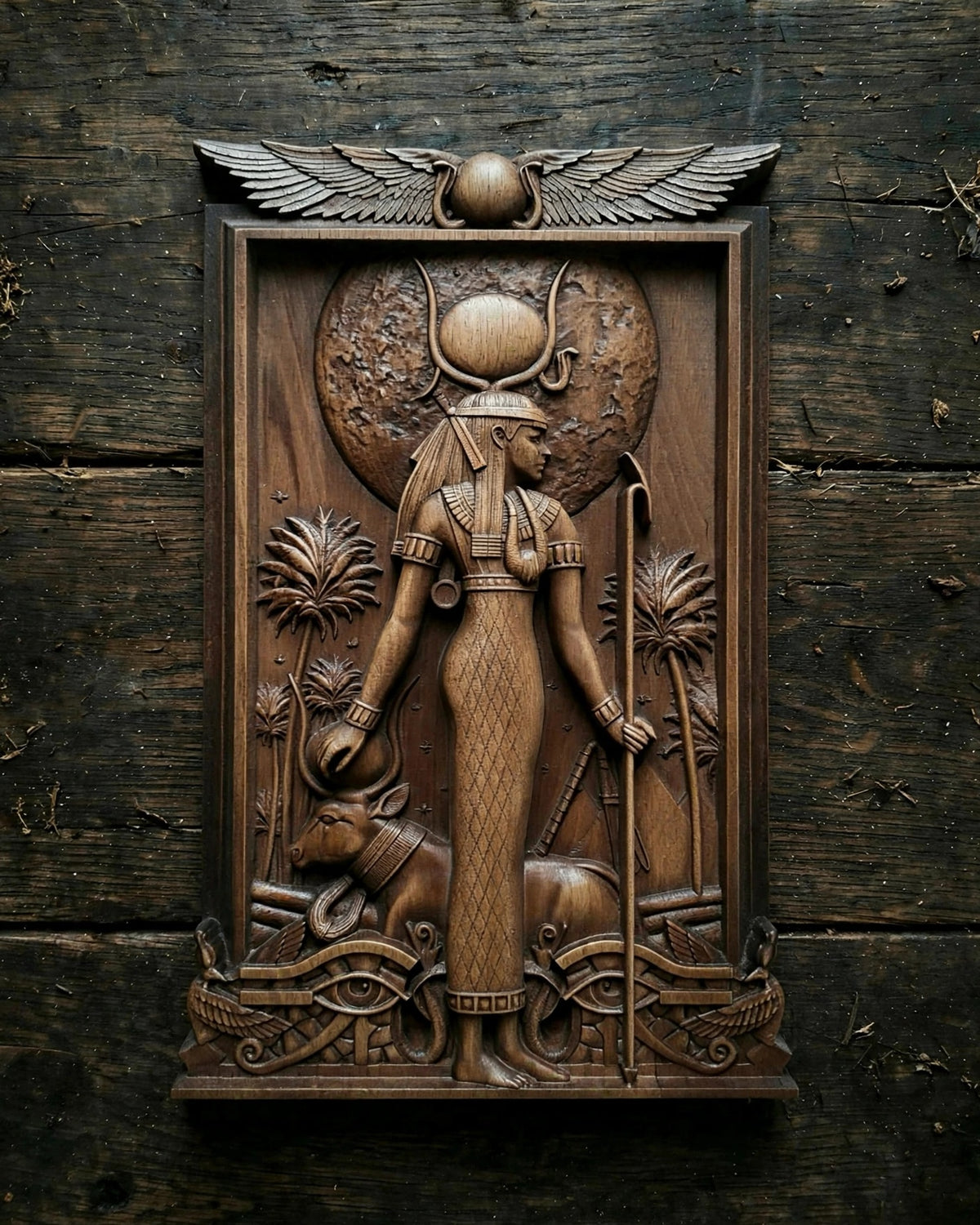 Egyptian Goddess Hathor Wooden Wall Panel — Hand-Carved Wood Art