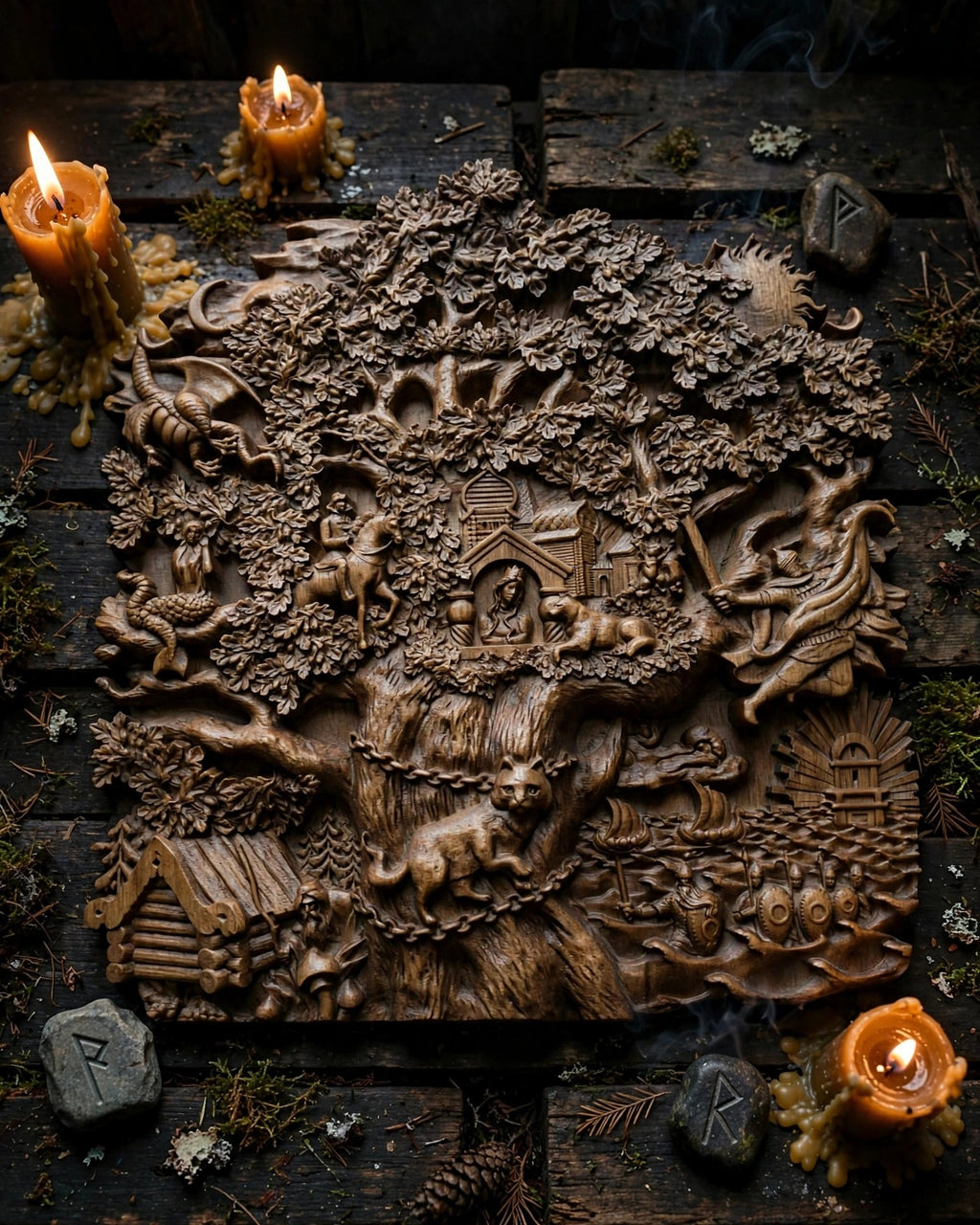 Lukomorye Wooden Wall Panel — Hand-Carved Wood Art