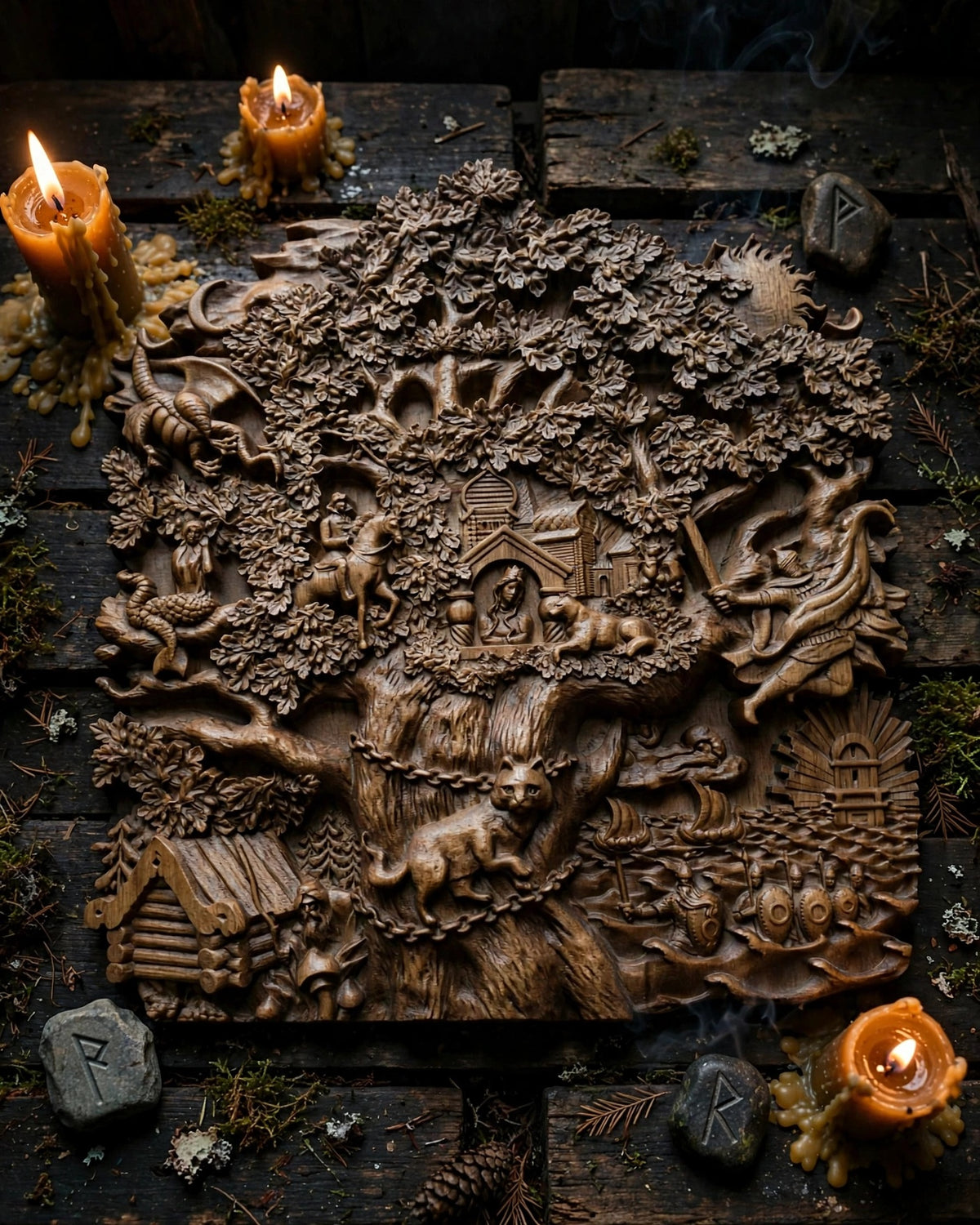 Lukomorye Wooden Wall Panel — Hand-Carved Wood Art