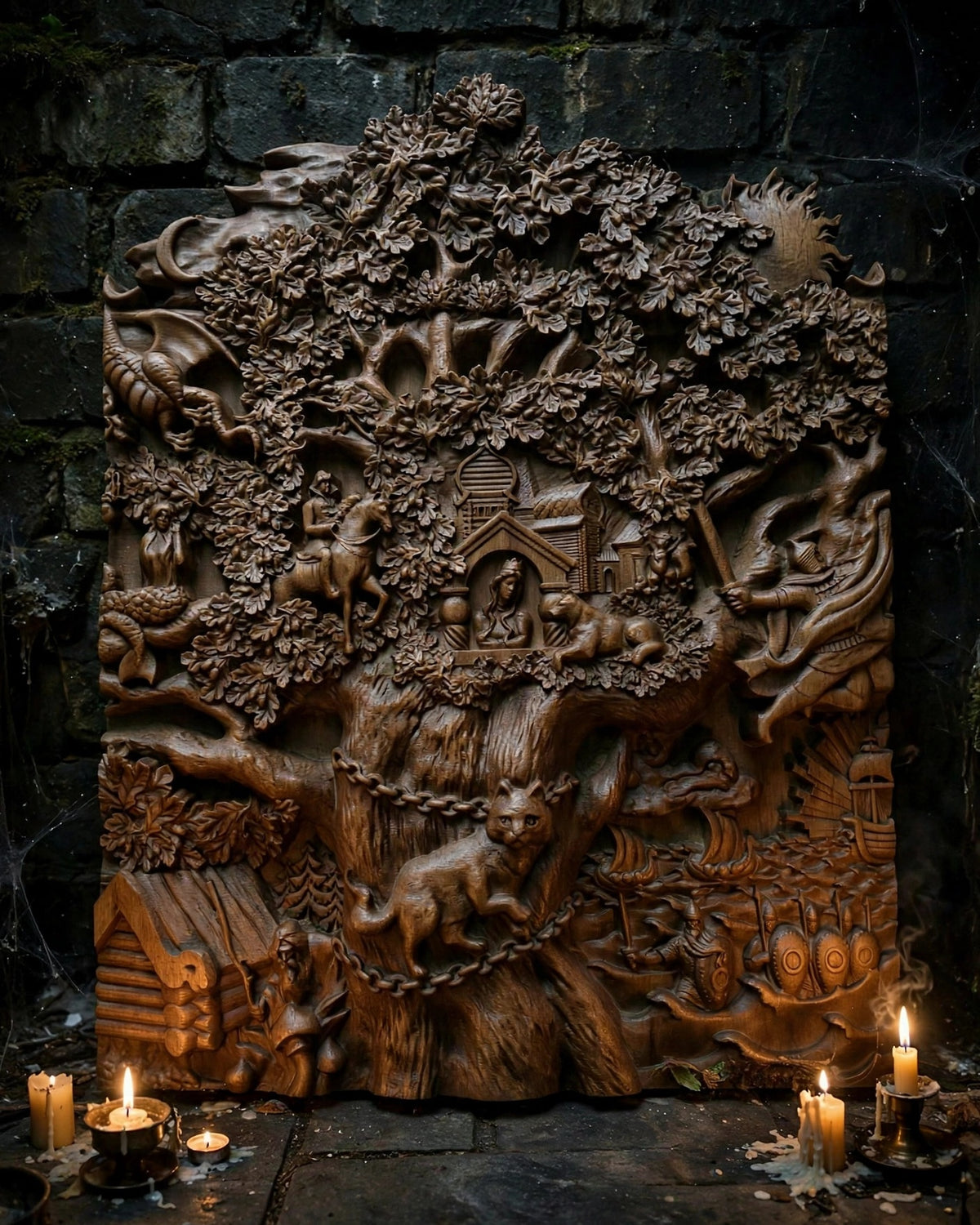 Lukomorye Wooden Wall Panel — Hand-Carved Wood Art