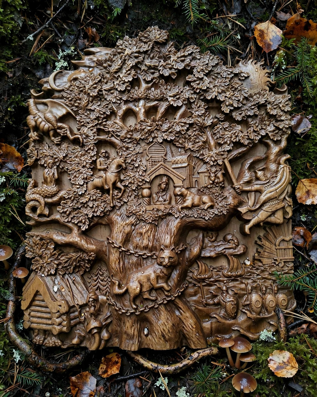 Lukomorye Wooden Wall Panel — Hand-Carved Wood Art