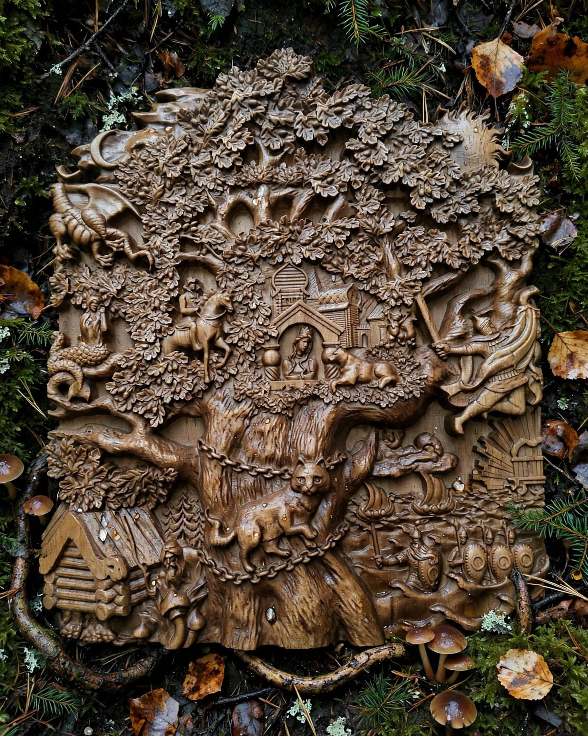 Lukomorye Wooden Wall Panel — Hand-Carved Wood Art