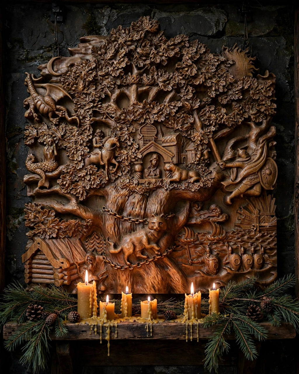 Lukomorye Wooden Wall Panel — Hand-Carved Wood Art