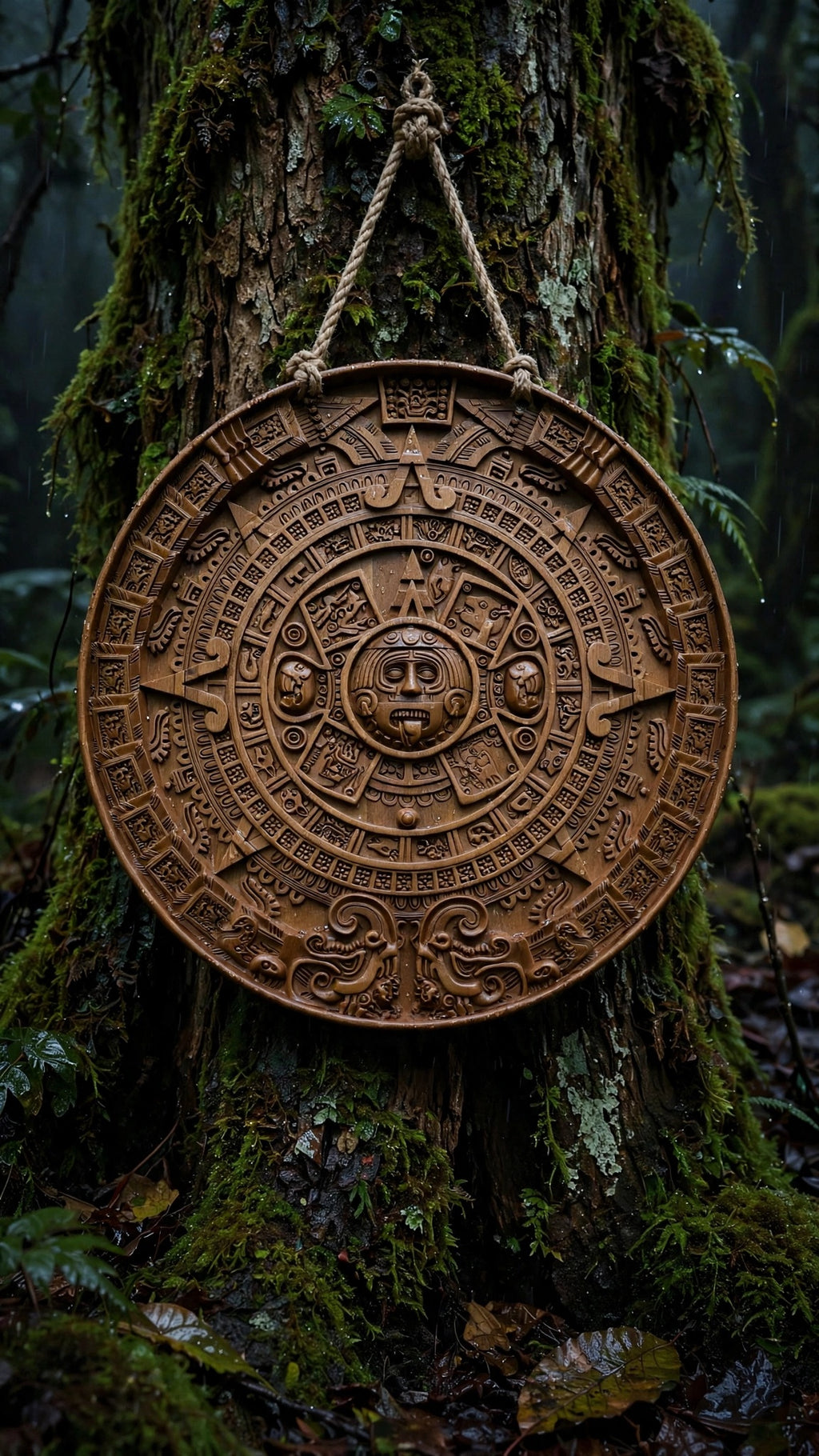 Mayan Calendar Wooden Wall Panel — Hand-Carved Wood Art