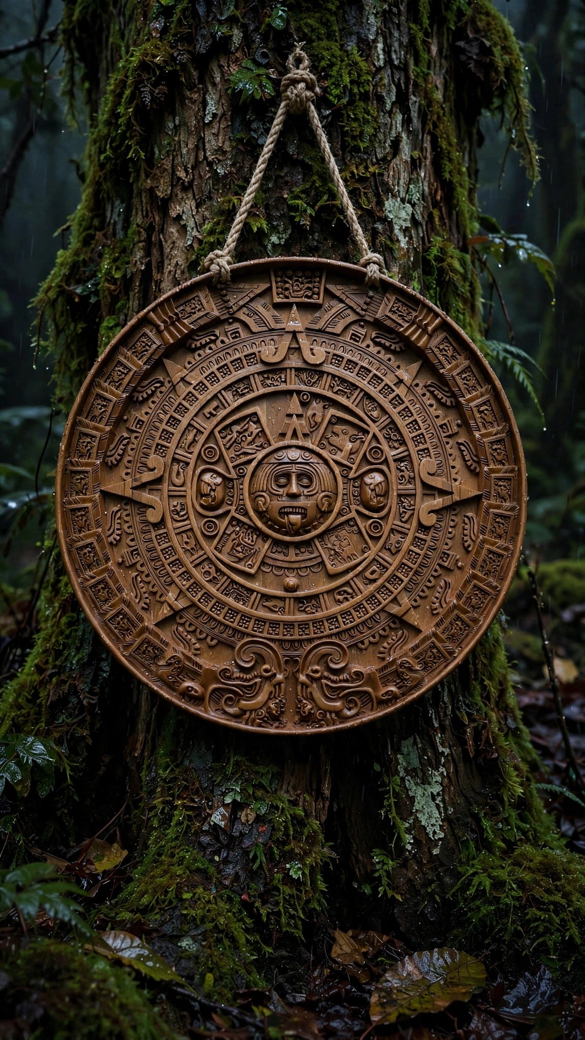 Mayan Calendar Wooden Wall Panel — Hand-Carved Wood Art