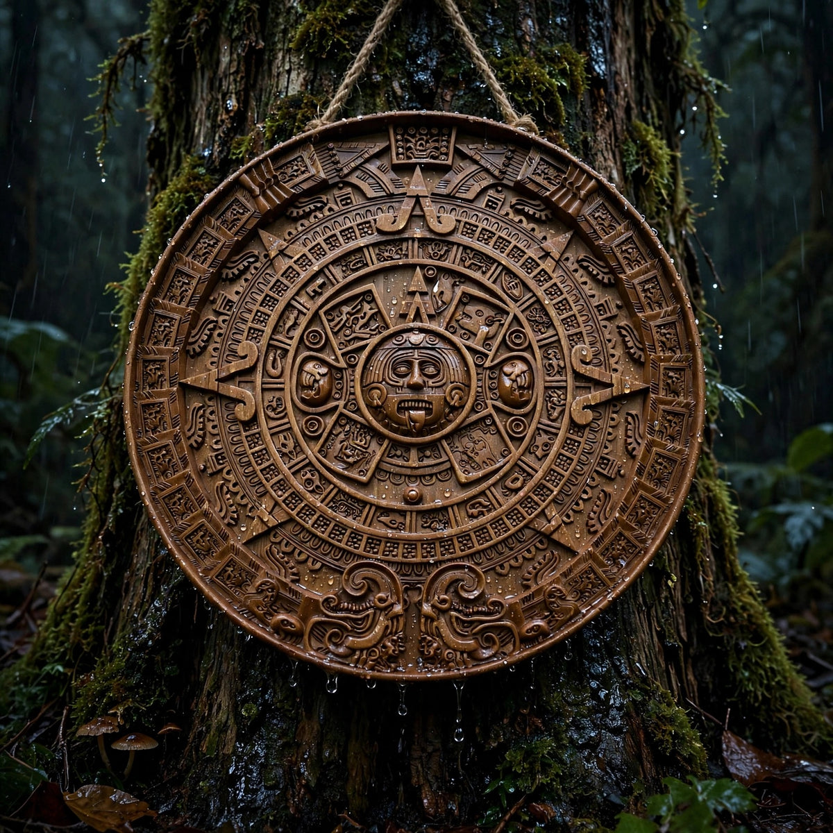 Mayan Calendar Wooden Wall Panel — Hand-Carved Wood Art