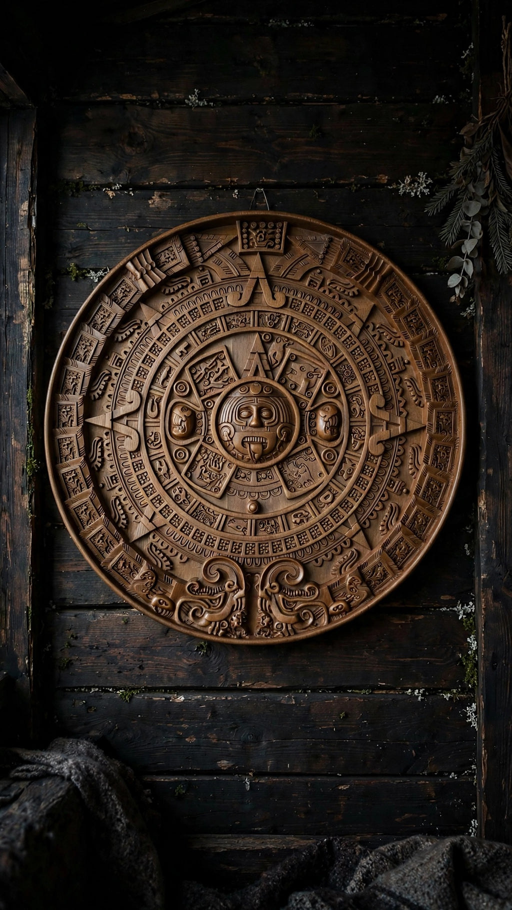Mayan Calendar Wooden Wall Panel — Hand-Carved Wood Art