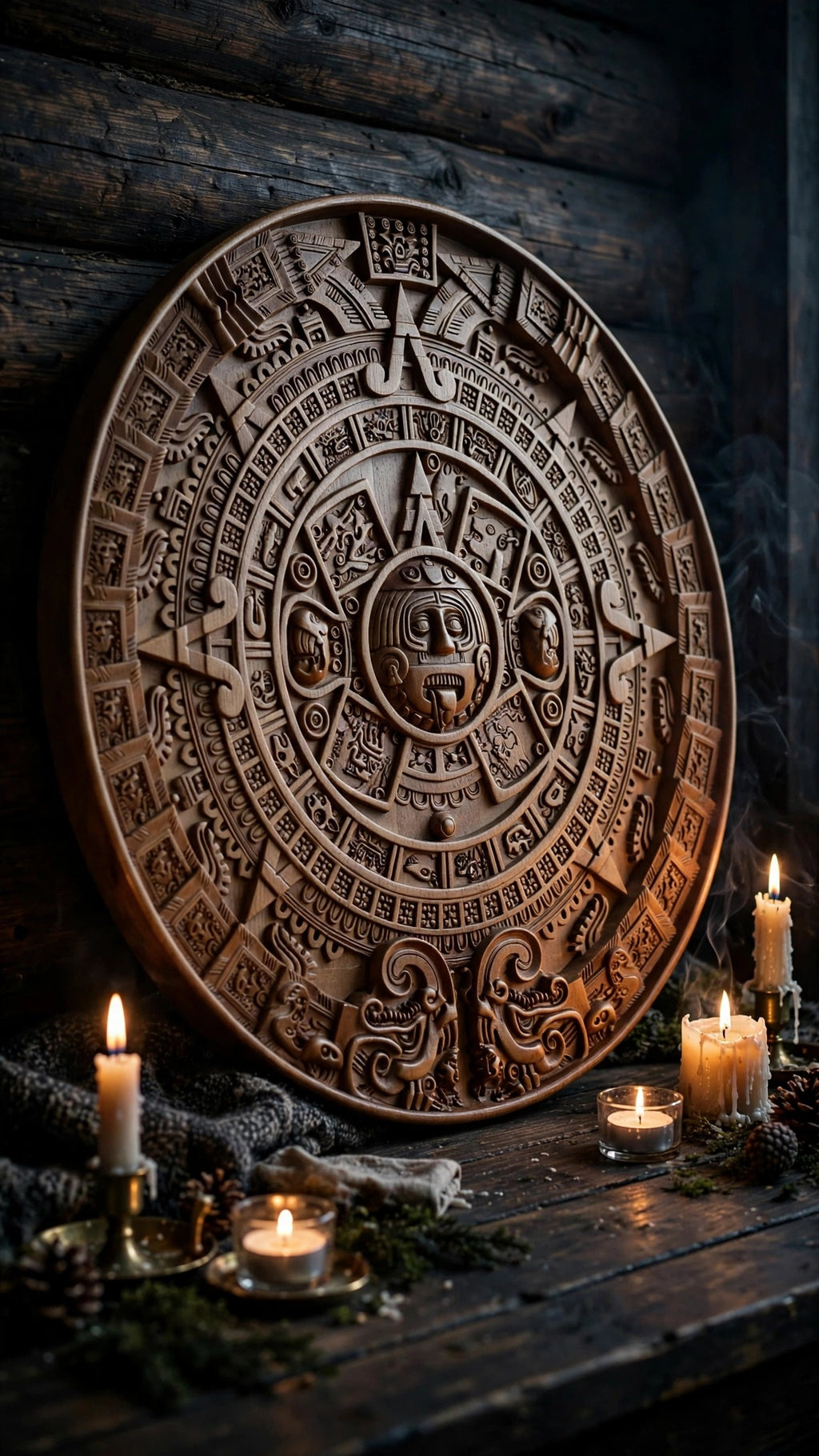 Mayan Calendar Wooden Wall Panel — Hand-Carved Wood Art