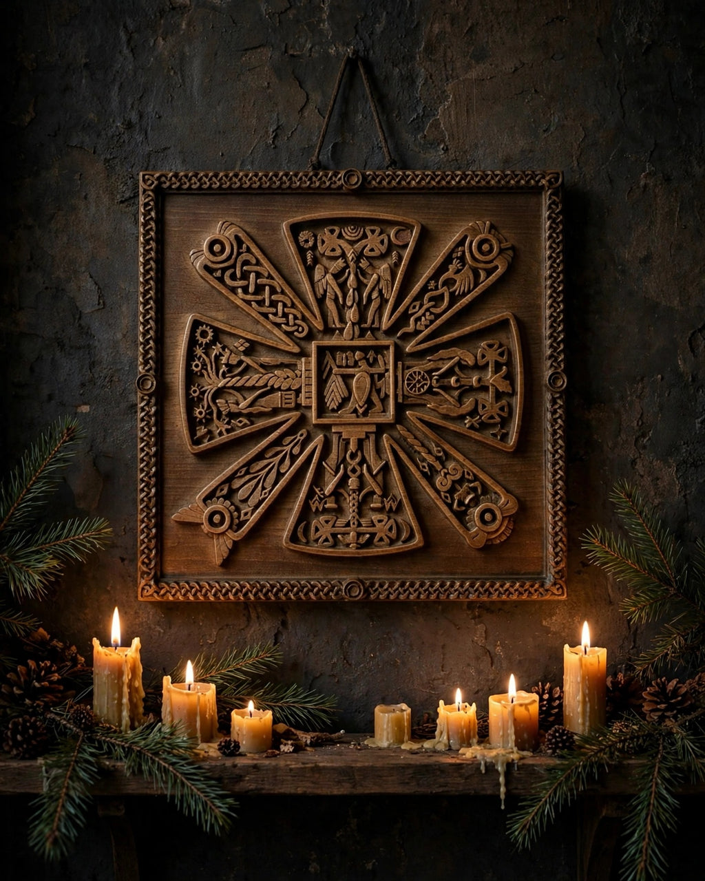 Slavic Kres Wooden Wall Panel — Hand-Carved Wood Art
