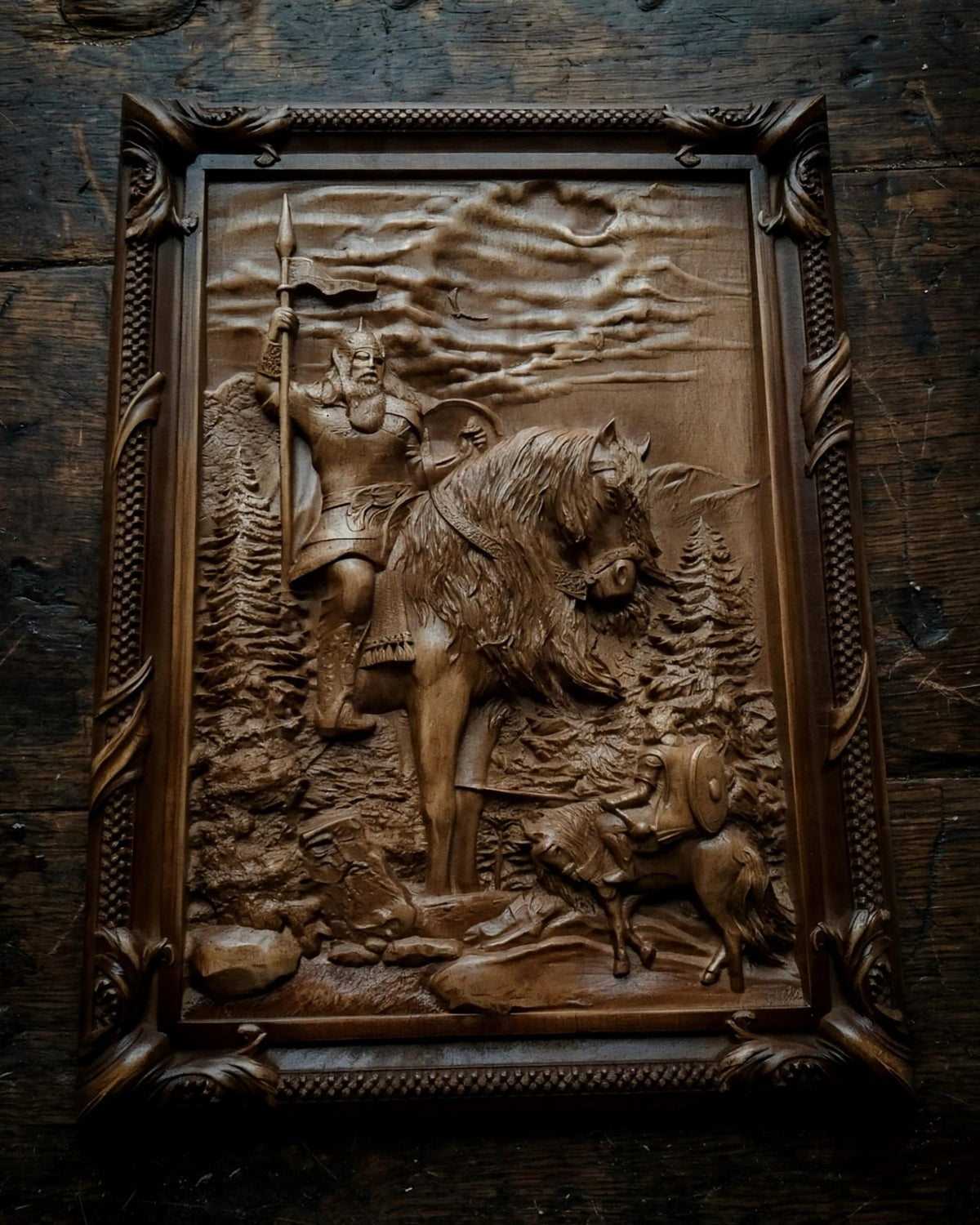 Ilya Muromets Meets Svyatogor Wooden Wall Panel — Hand-Carved Wood Art