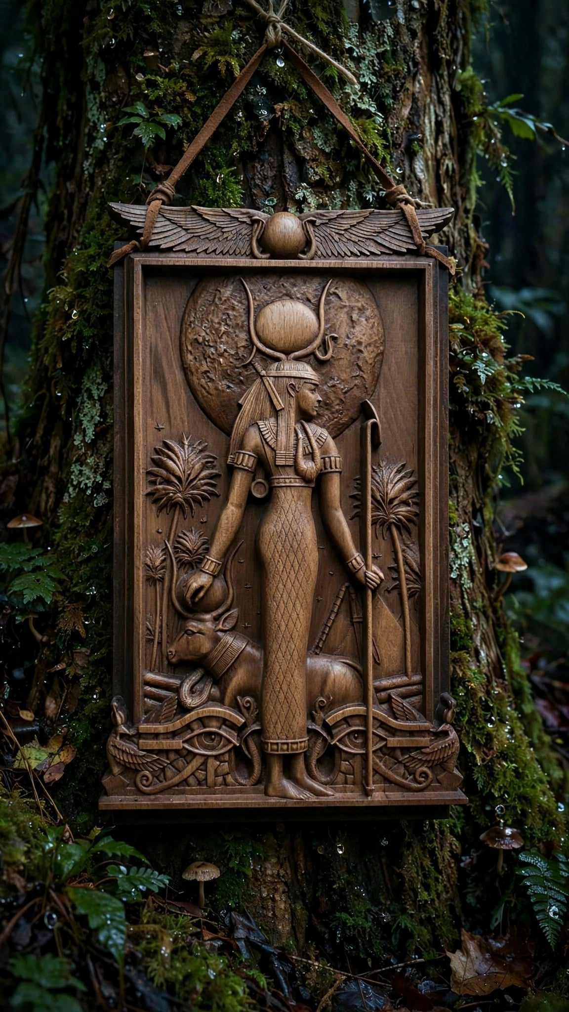 Egyptian Goddess Hathor Wooden Wall Panel — Hand-Carved Wood Art