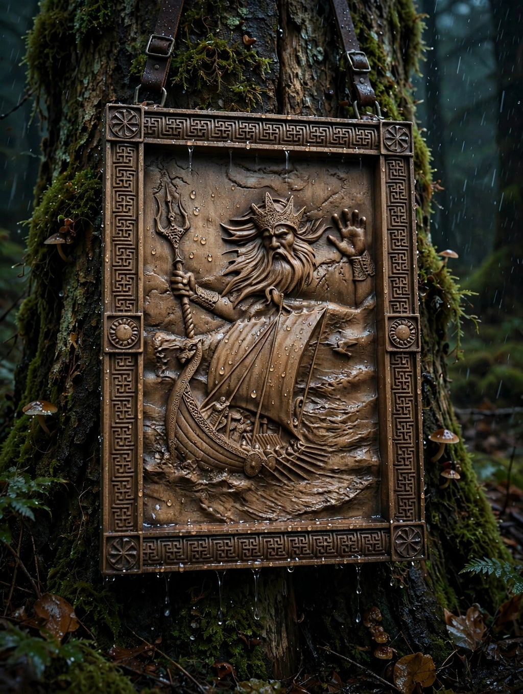 God Njord Wooden Wall Panel — Hand-Carved Wood Art