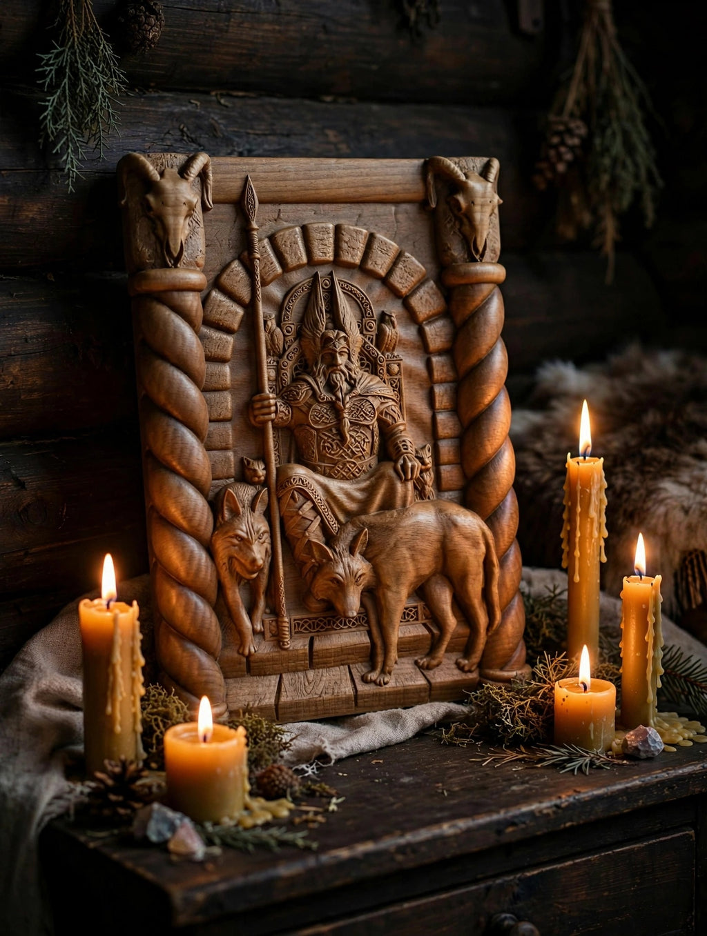 God Odin Wooden Wall Panel — Hand-Carved Wood Art