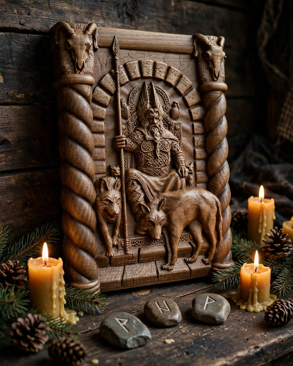 God Odin Wooden Wall Panel — Hand-Carved Wood Art