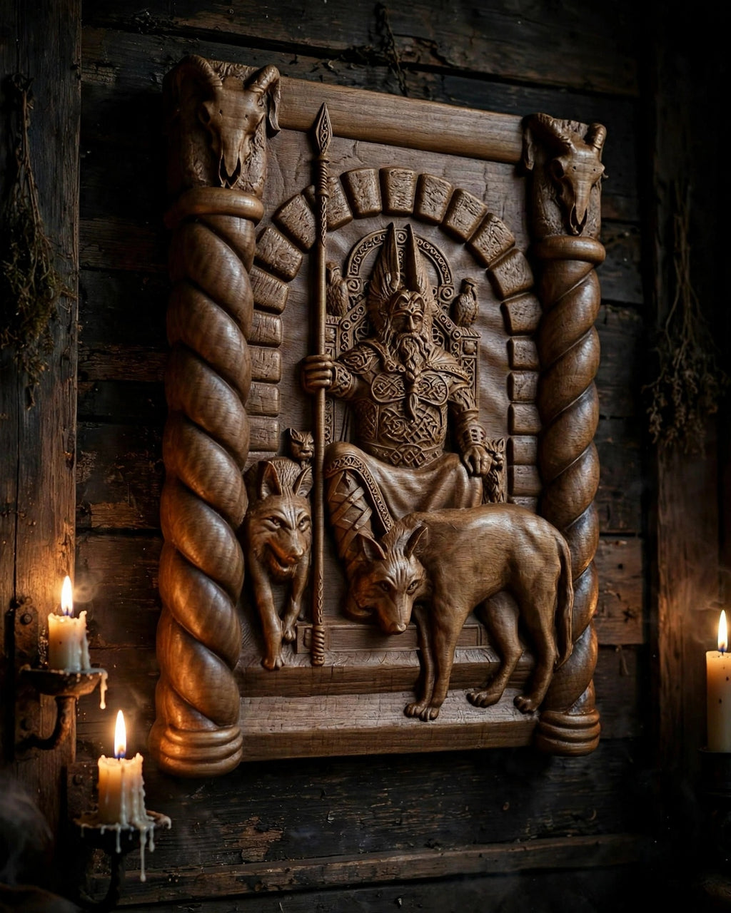 God Odin Wooden Wall Panel — Hand-Carved Wood Art
