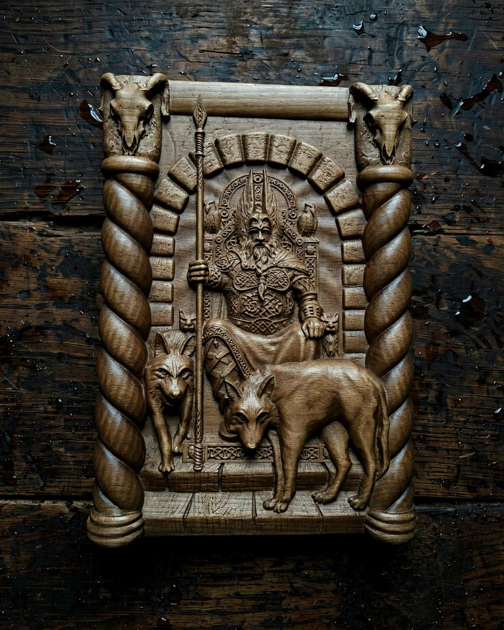 God Odin Wooden Wall Panel — Hand-Carved Wood Art