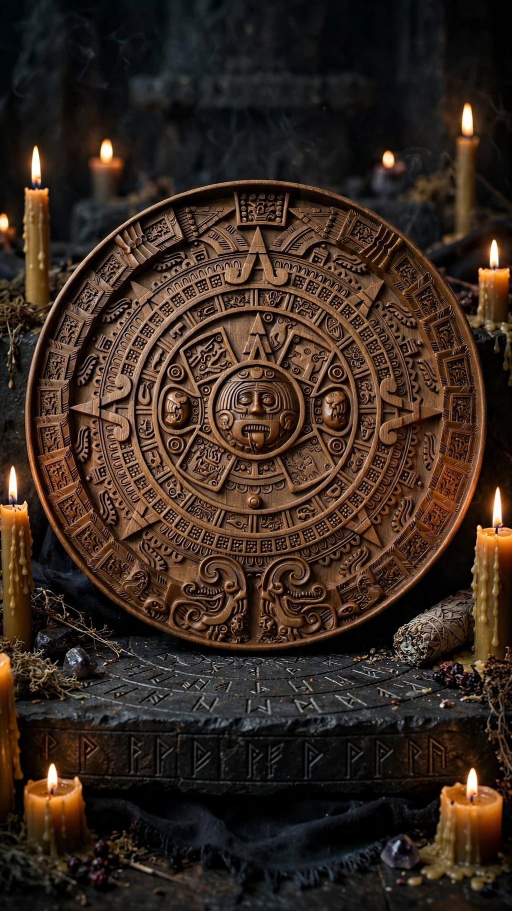 Mayan Calendar Wooden Wall Panel — Hand-Carved Wood Art