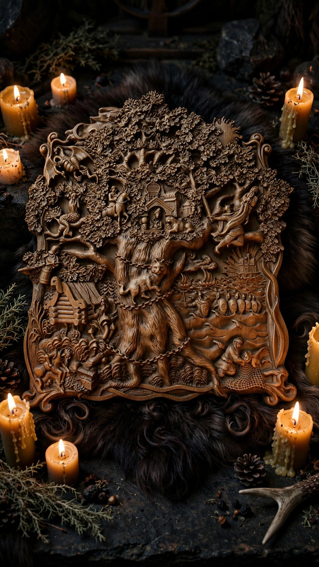Lukomorye Wooden Wall Panel — Hand-Carved Wood Art