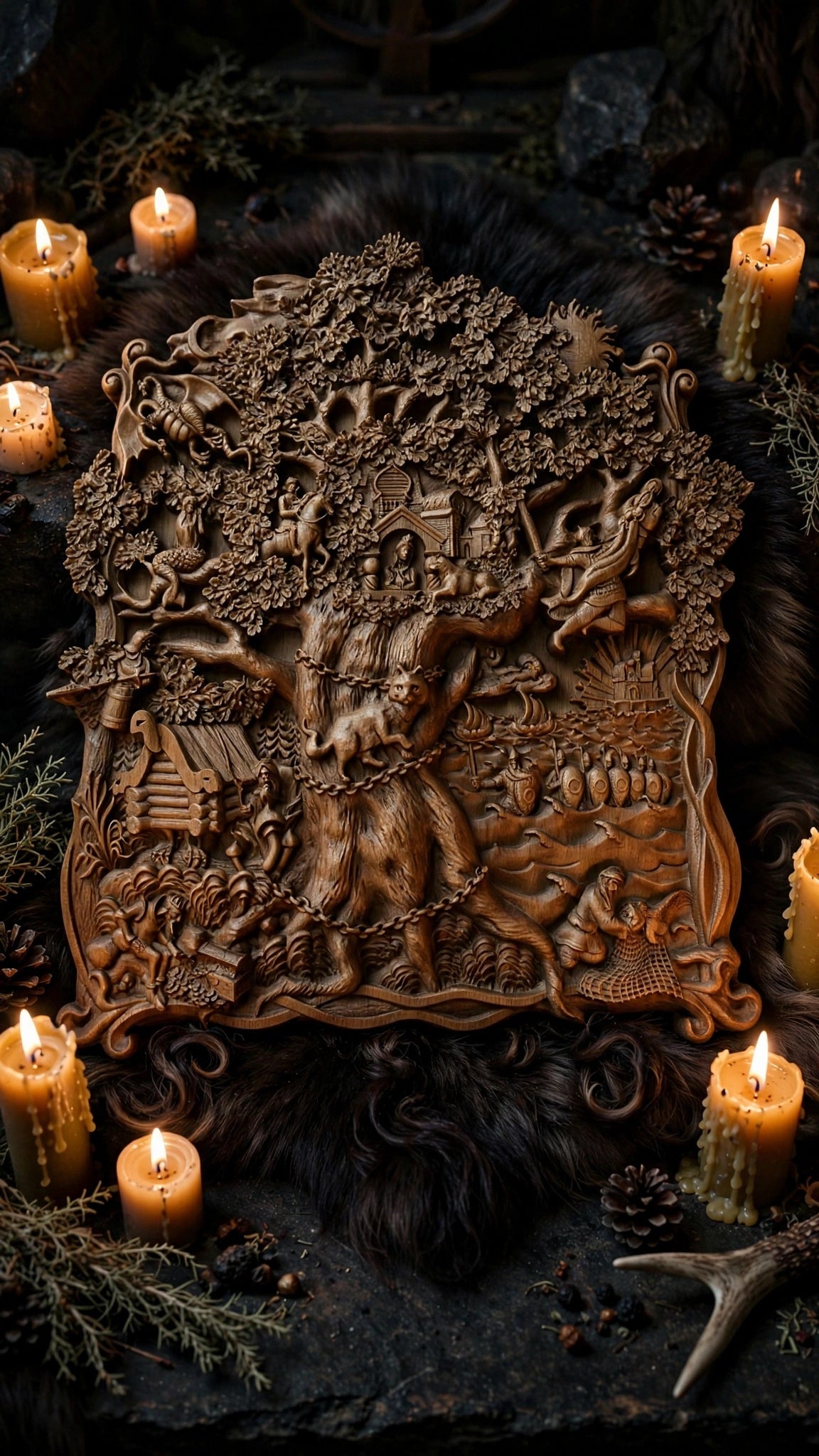 Lukomorye Wooden Wall Panel — Hand-Carved Wood Art