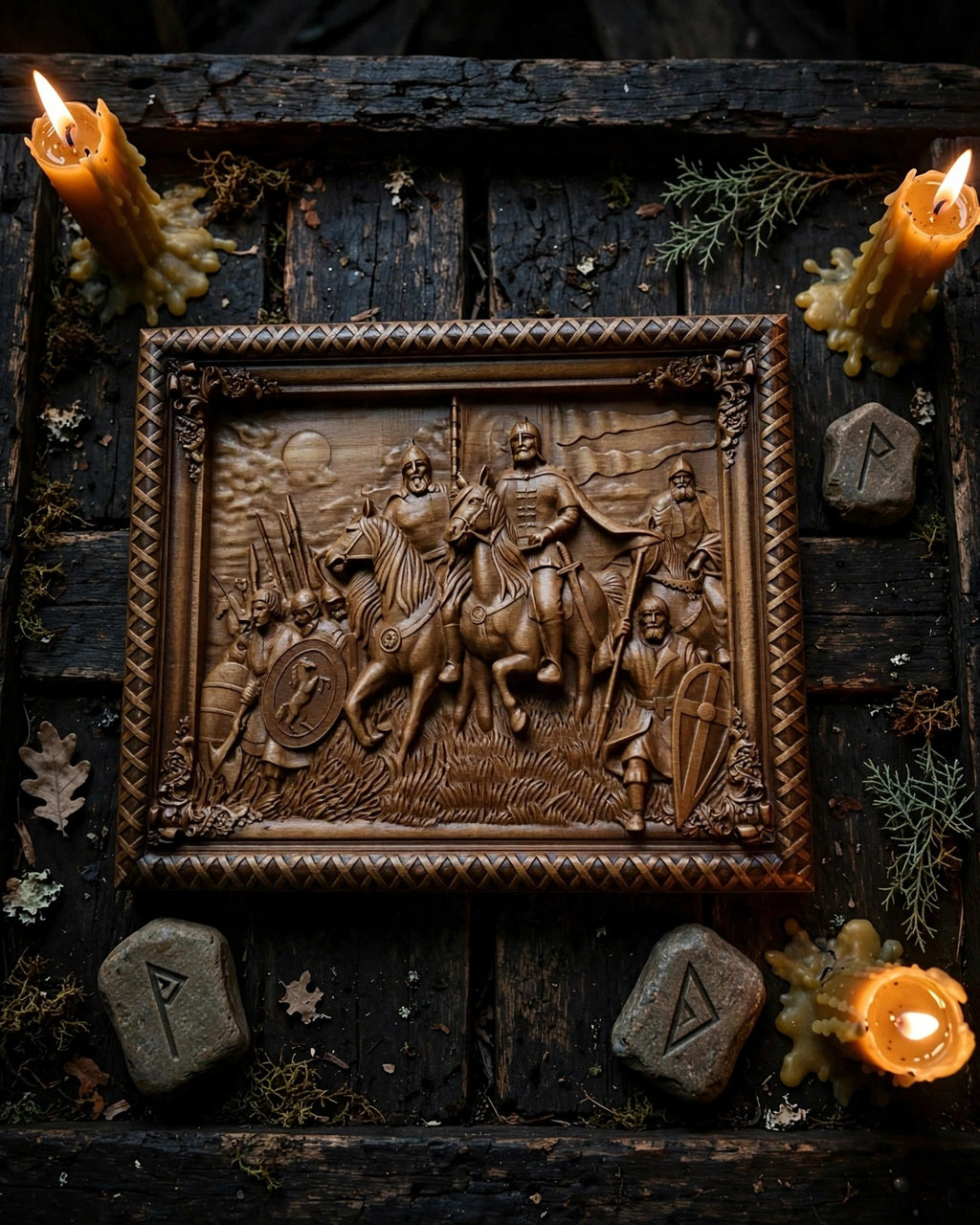 Rus, Warriors of the North Wooden Wall Panel — Hand-Carved Wood Art