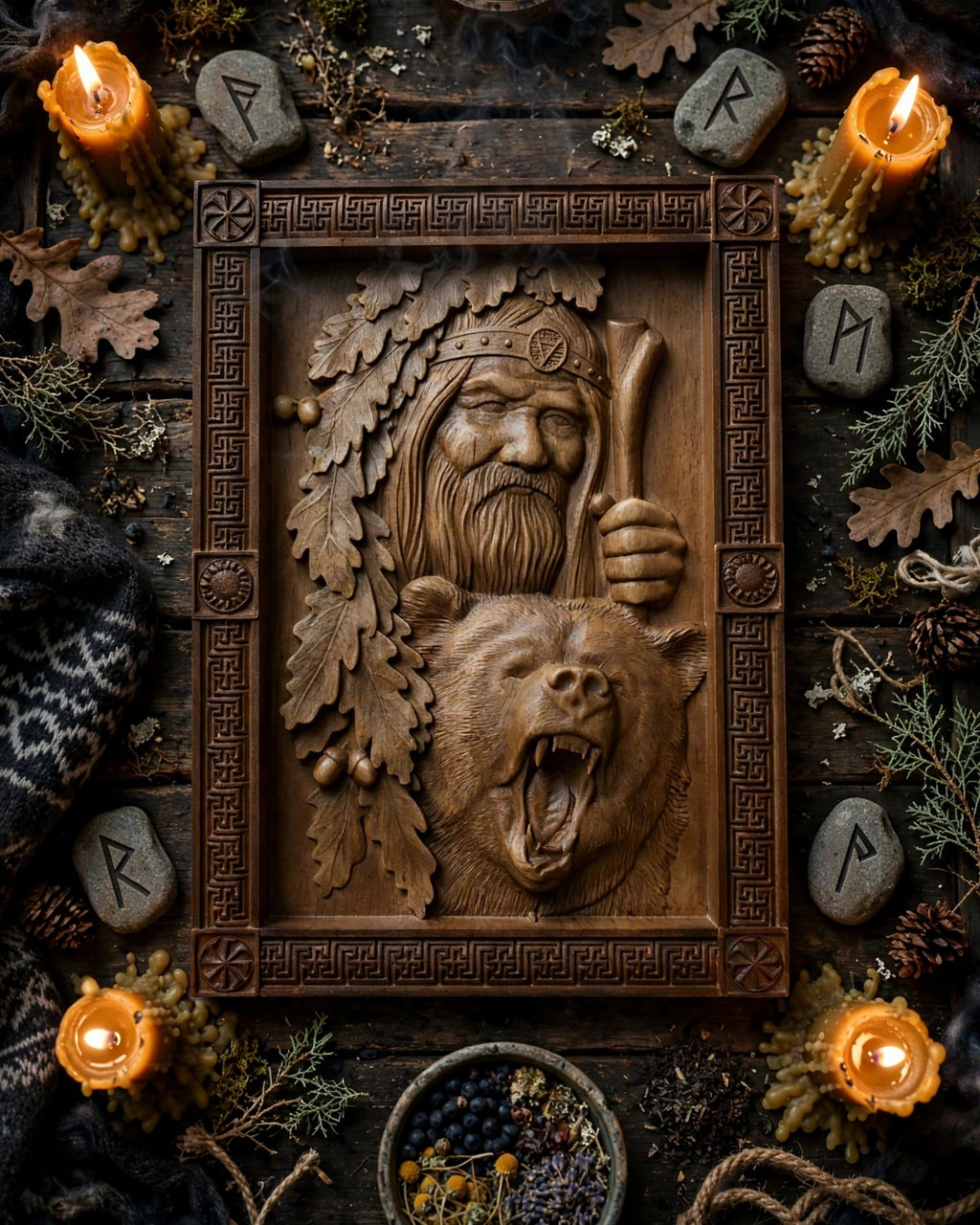 Veles with Bear Wooden Wall Panel — Hand-Carved Wood Art