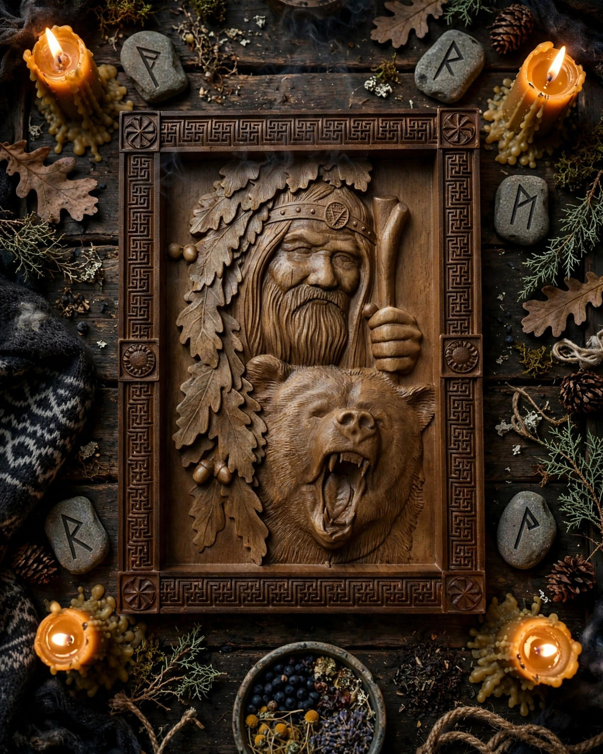 Veles with Bear Wooden Wall Panel — Hand-Carved Wood Art