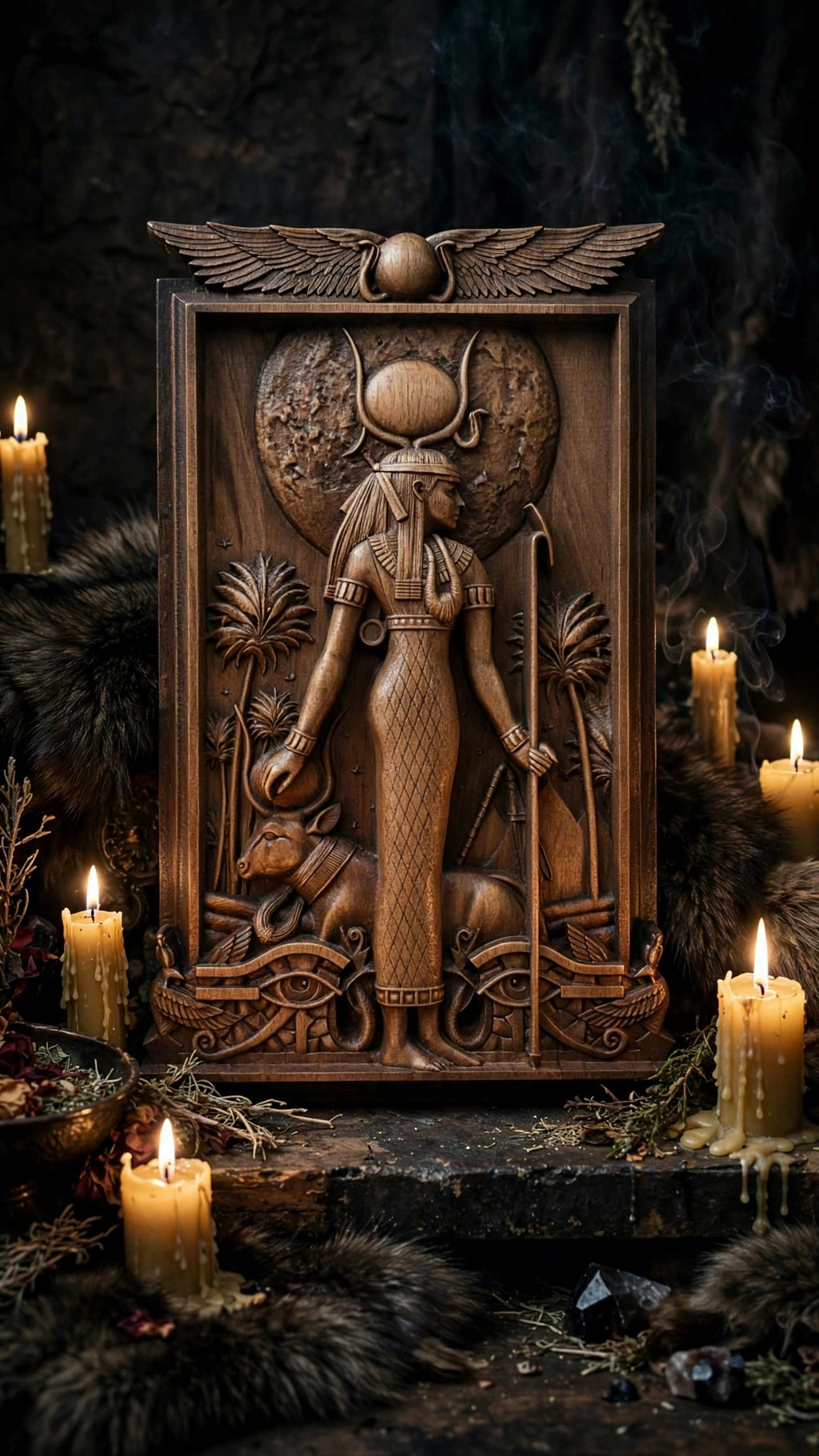 Egyptian Goddess Hathor Wooden Wall Panel — Hand-Carved Wood Art