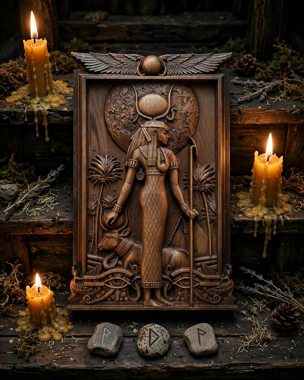 Egyptian Goddess Hathor Wooden Wall Panel — Hand-Carved Wood Art