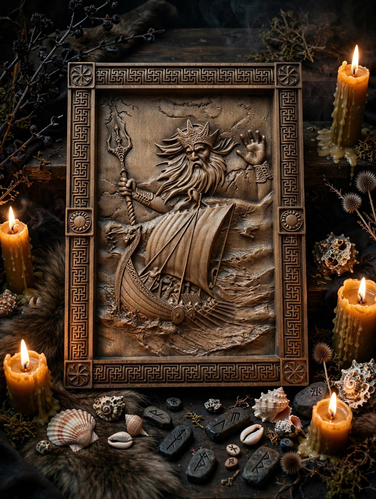 God Njord Wooden Wall Panel — Hand-Carved Wood Art
