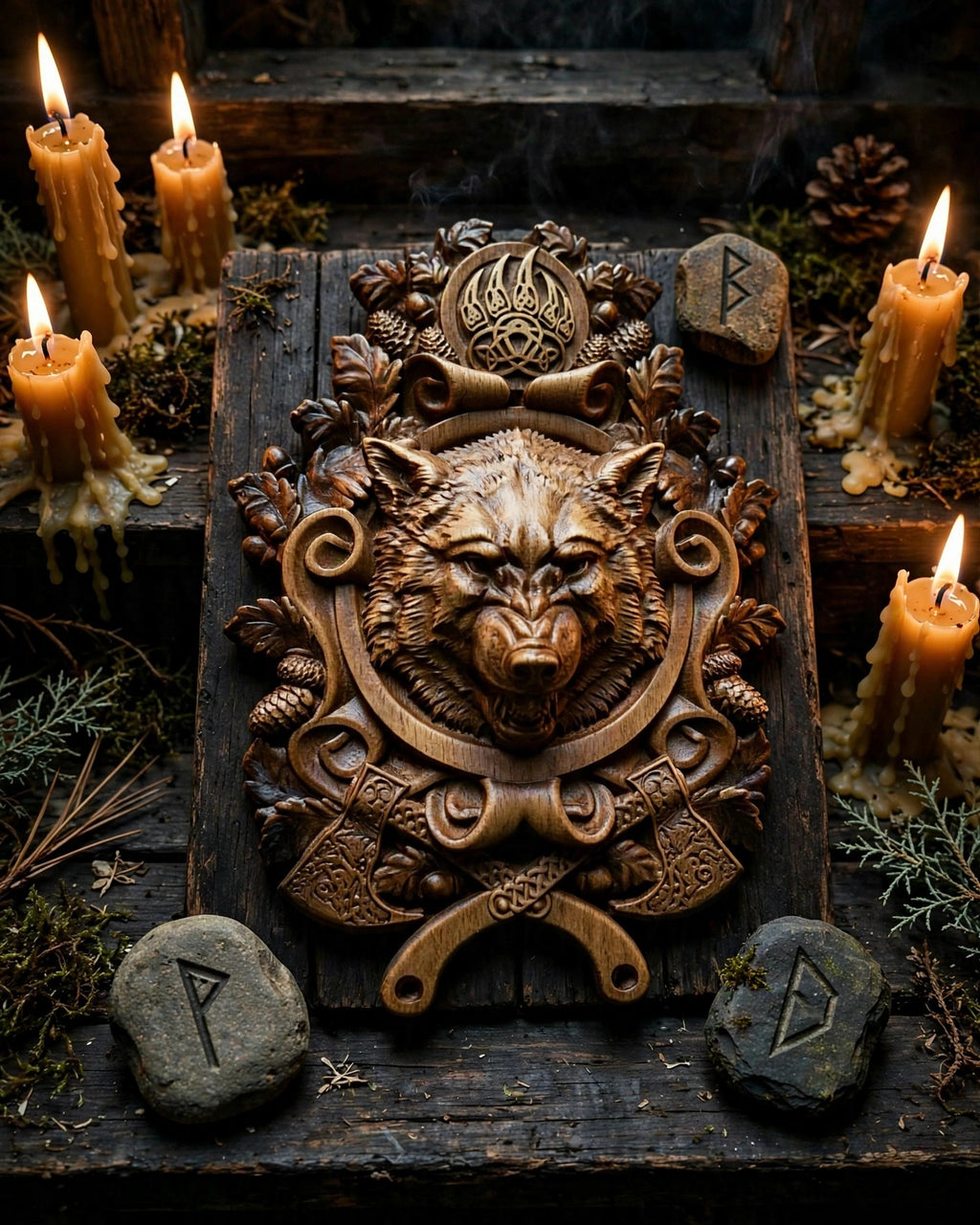 Wolf – Seal of Veles Wooden Wall Panel — Hand-Carved Wood Art