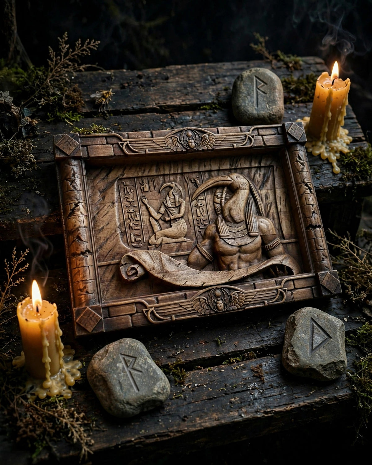 Egyptian God Thoth Wooden Wall Panel — Hand-Carved Wood Art