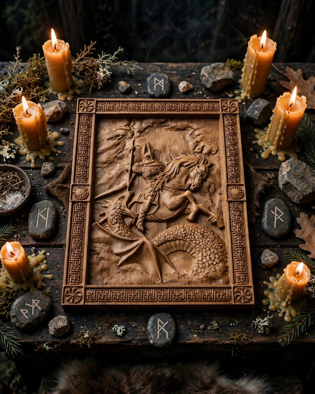 Perun's Battle with the Serpent Wooden Wall Panel — Hand-Carved Wood Art
