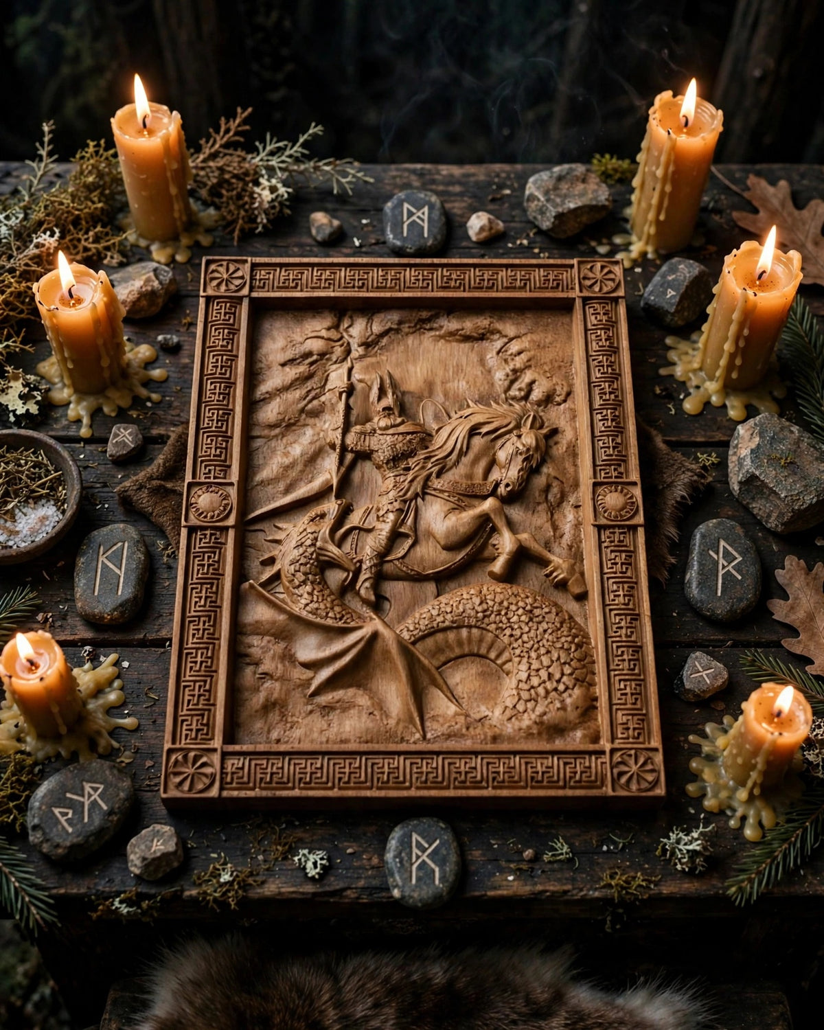 Perun's Battle with the Serpent Wooden Wall Panel — Hand-Carved Wood Art