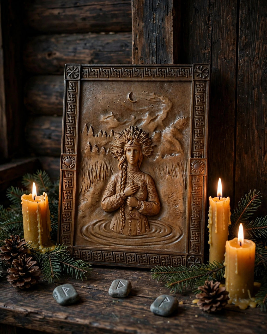 Kupala Night Wooden Wall Panel — Hand-Carved Wood Art