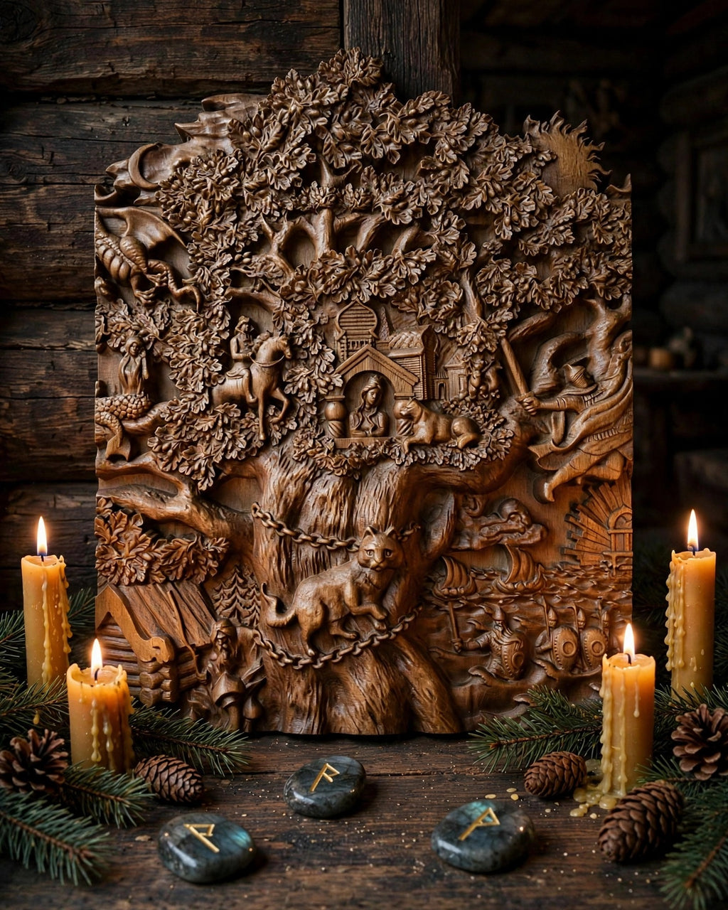 Lukomorye Wooden Wall Panel — Hand-Carved Wood Art
