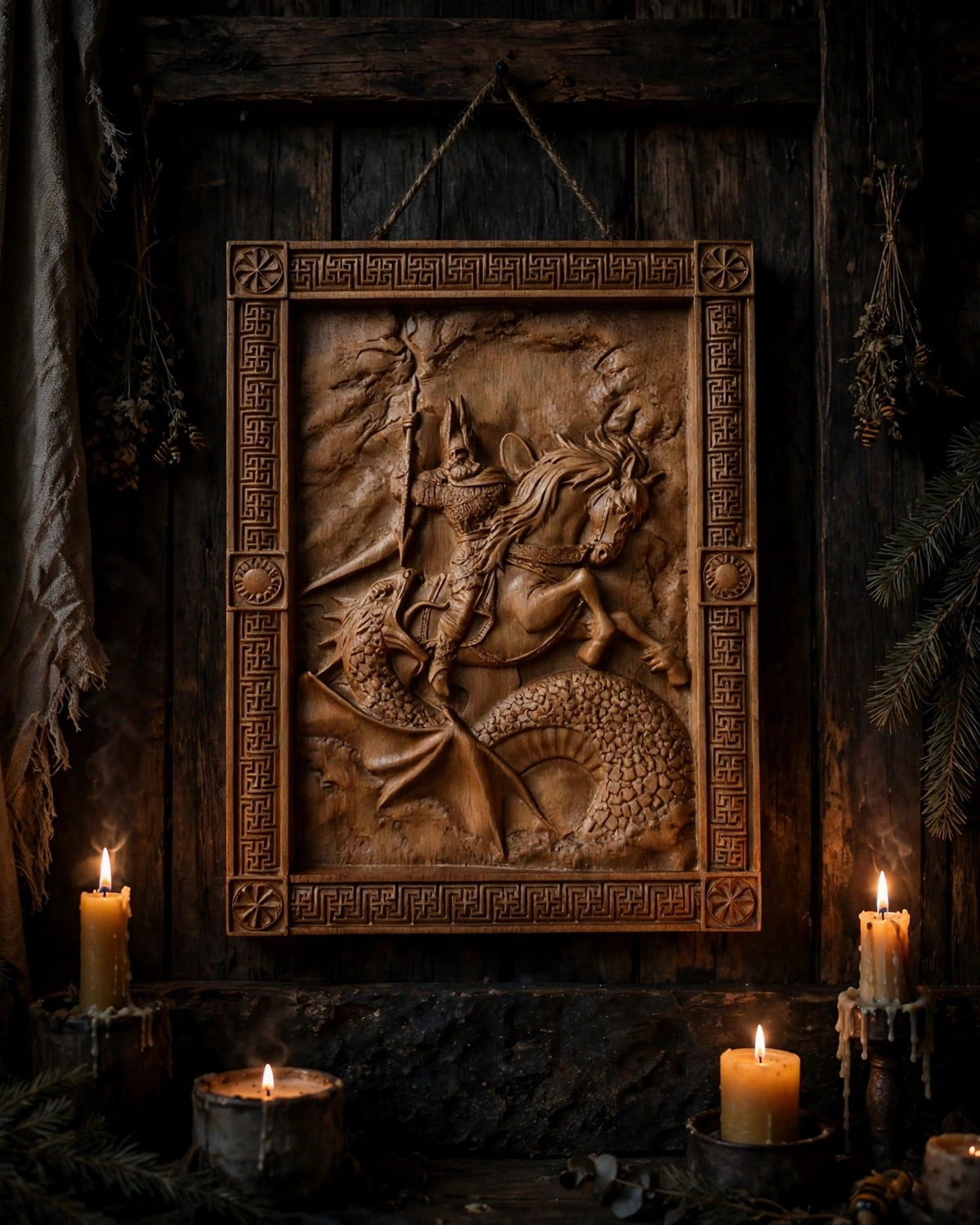 Perun's Battle with the Serpent Wooden Wall Panel — Hand-Carved Wood Art