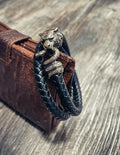 Tiger and Snake, Double-Wrap Bracelet, Natural Leather and Bronze
