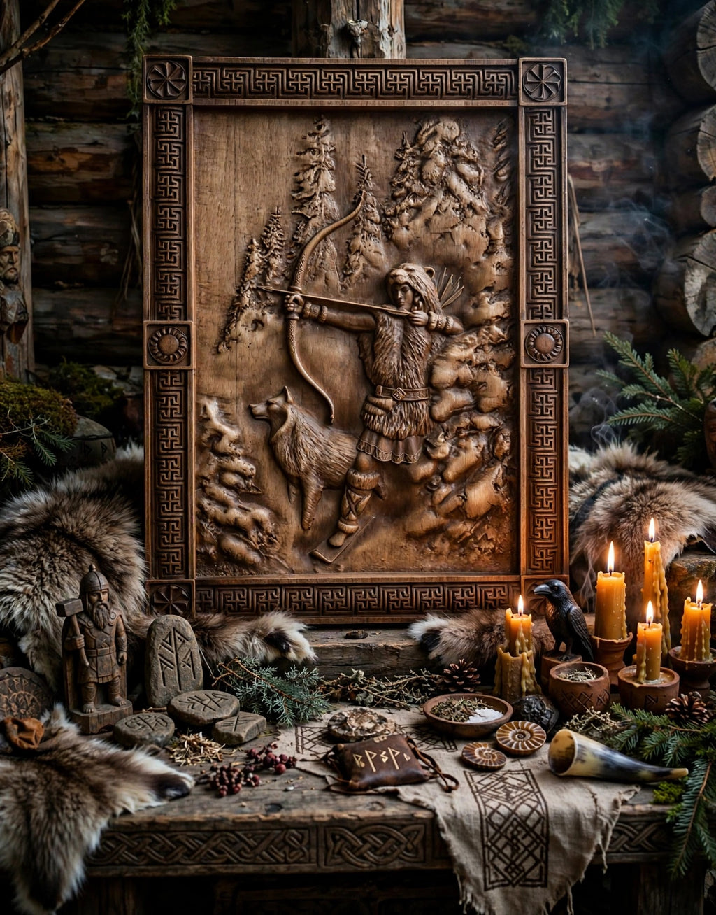 Goddess Dzevana / Devana Wooden Wall Panel — Hand-Carved Wood Art