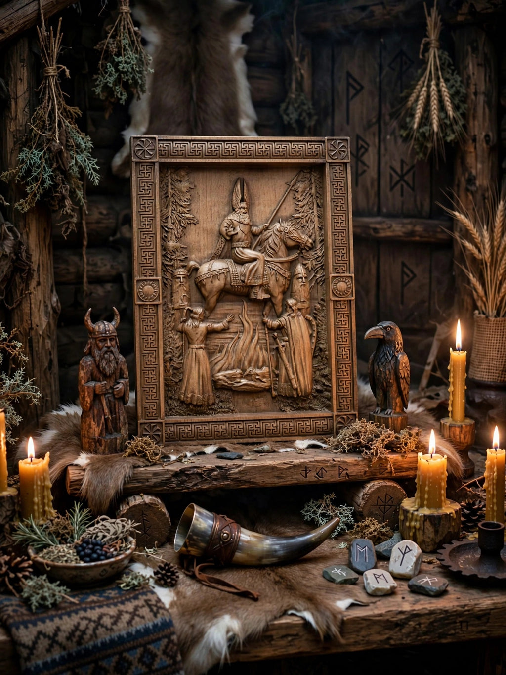 The Appearance of Svarog Wooden Wall Panel — Hand-Carved Wood Art