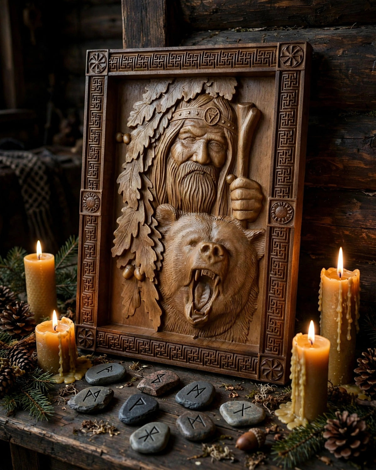 Veles with Bear Wooden Wall Panel — Hand-Carved Wood Art