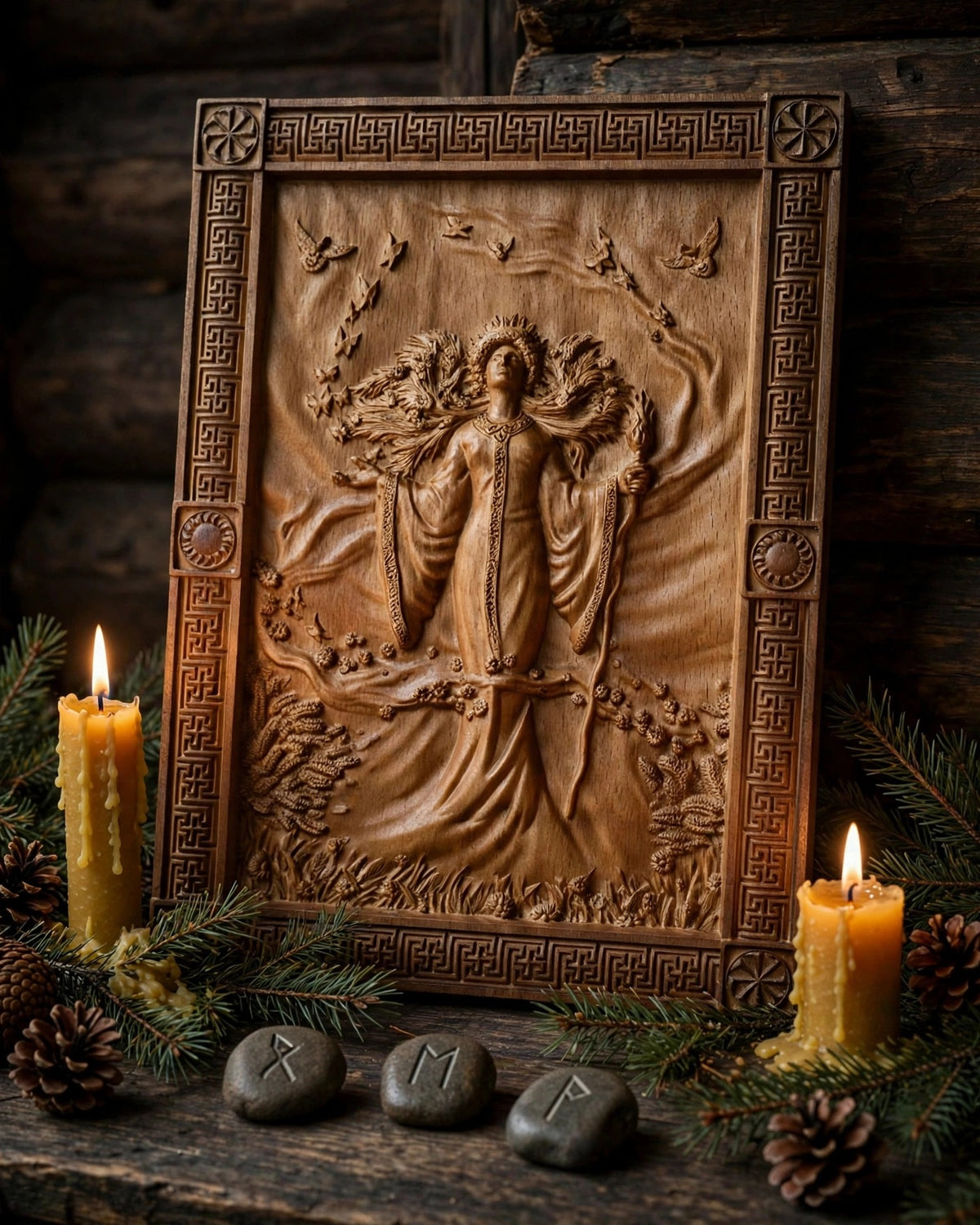 Goddess Zhiva Wooden Wall Panel — Hand-Carved Wood Art